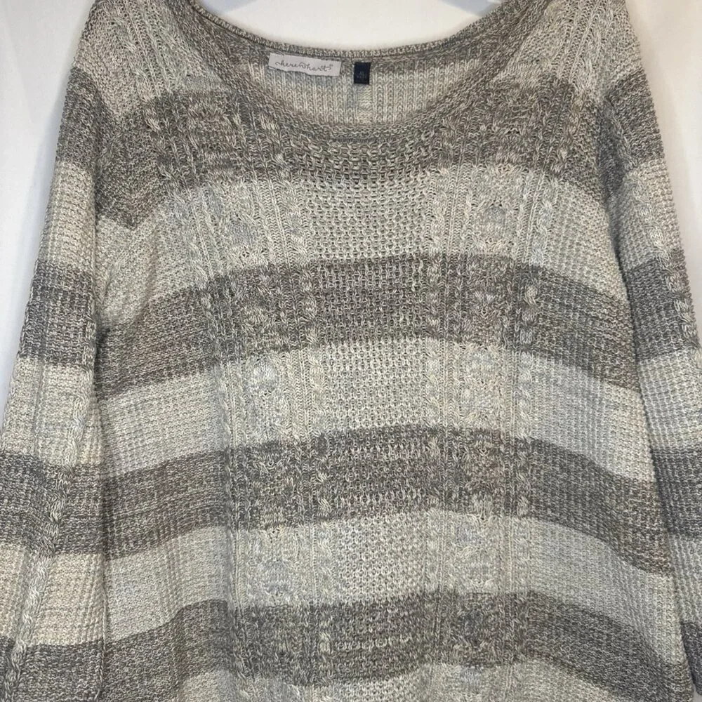 Keren Hart Women’s Gray Striped 3/4 Sleeve Scoop Neck Cotton‎ Sweater Top Sz XL